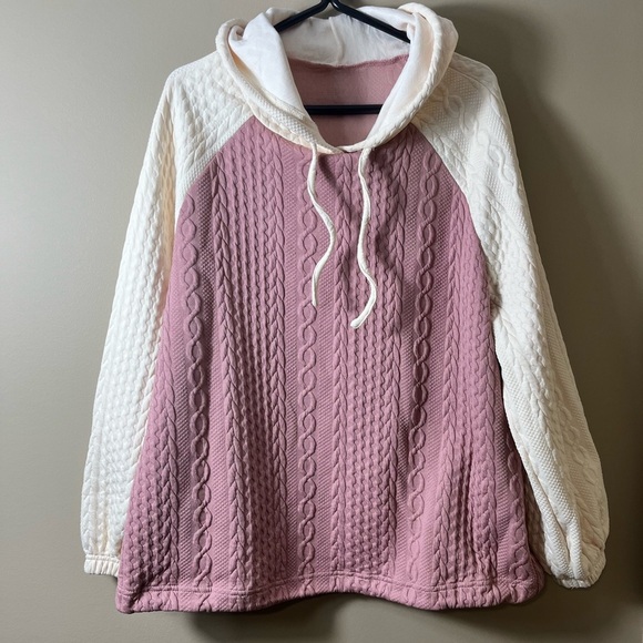 NWOT Cozy Jacquard Patchwork Pink Long Sleeve Oversized Hoodie Medium Preppy - Picture 4 of 8